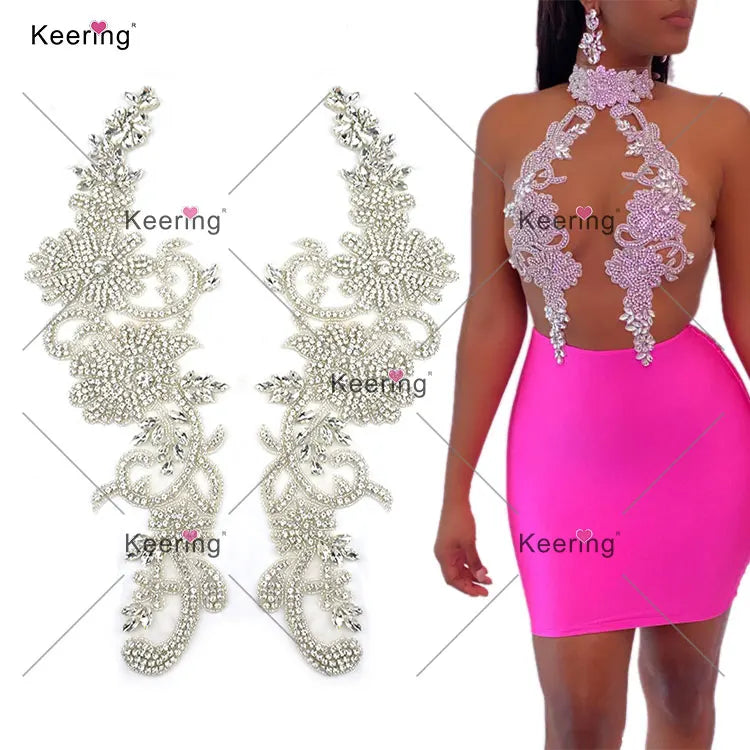 WRA-1006 Keering Hotsale Elegant Gold Wholesale Handmade Long Clause for Bridal Wedding Dress Beaded Bodice Patch Rhinestones